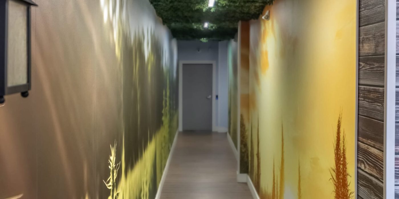 Hallway inside Farmers Choice dispensary with nature-themed wall murals